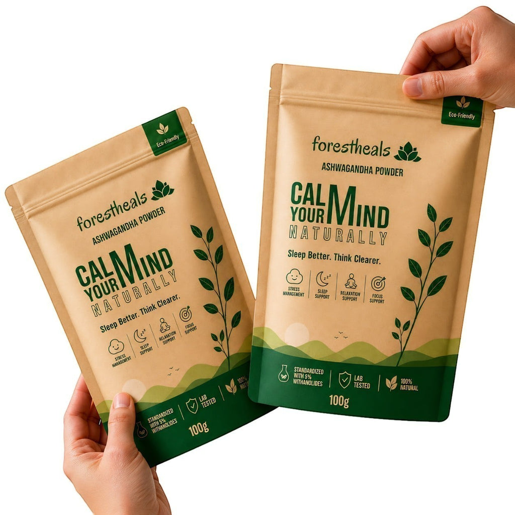 Forestheals Ashwagandha Powder pouch for stress management, sleep support, and relaxation. Natural, 100g.