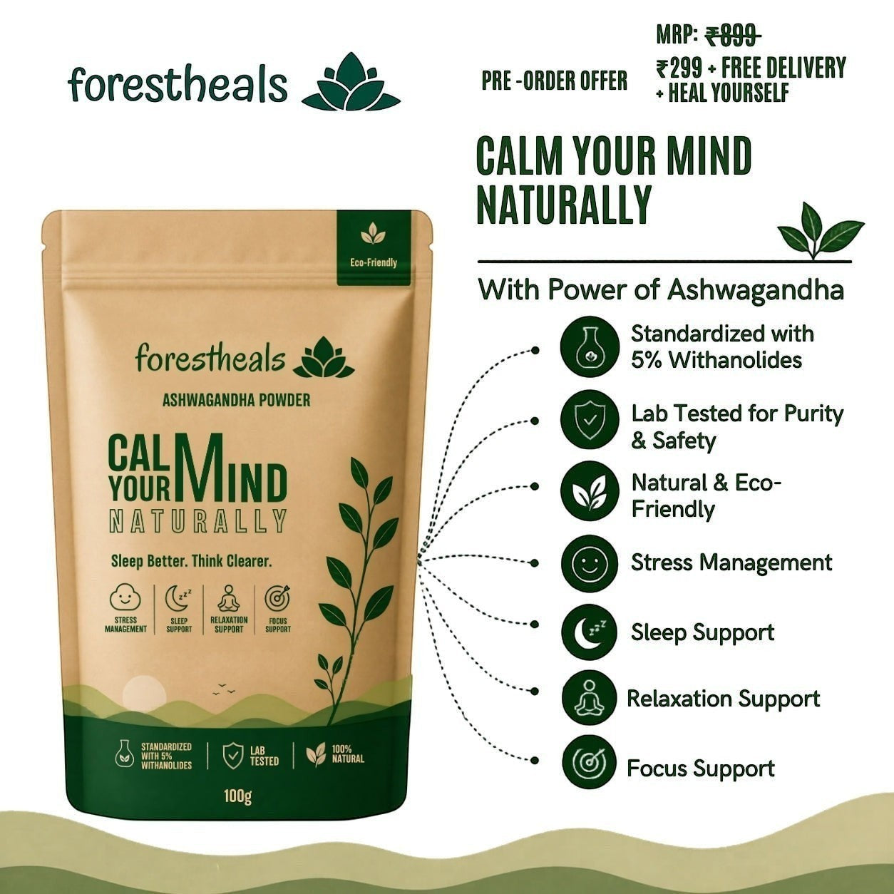 Forestheals Ashwagandha Powder pouch for stress management, sleep support, and relaxation. Natural, lab-tested, 100g.