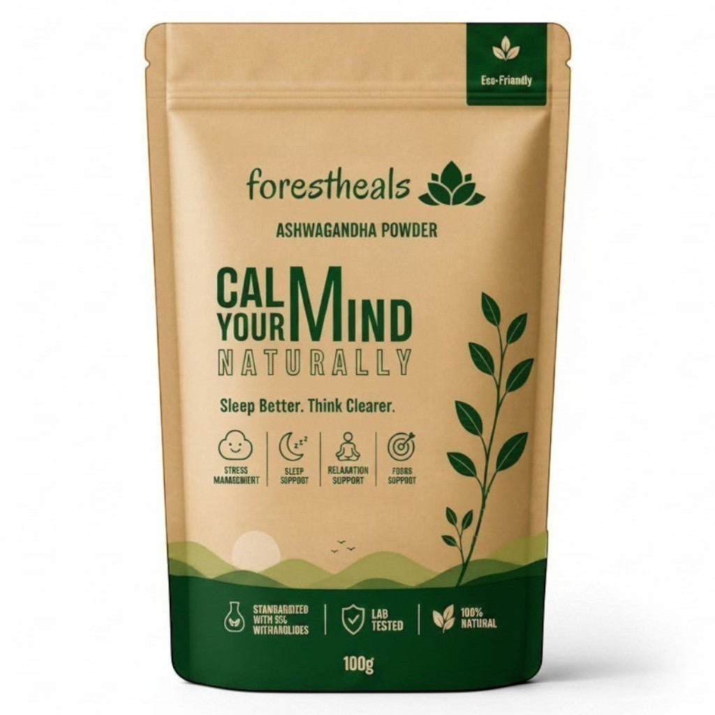 Forestheals Ashwagandha Powder pouch for stress management and sleep support, 100g, natural ingredients.