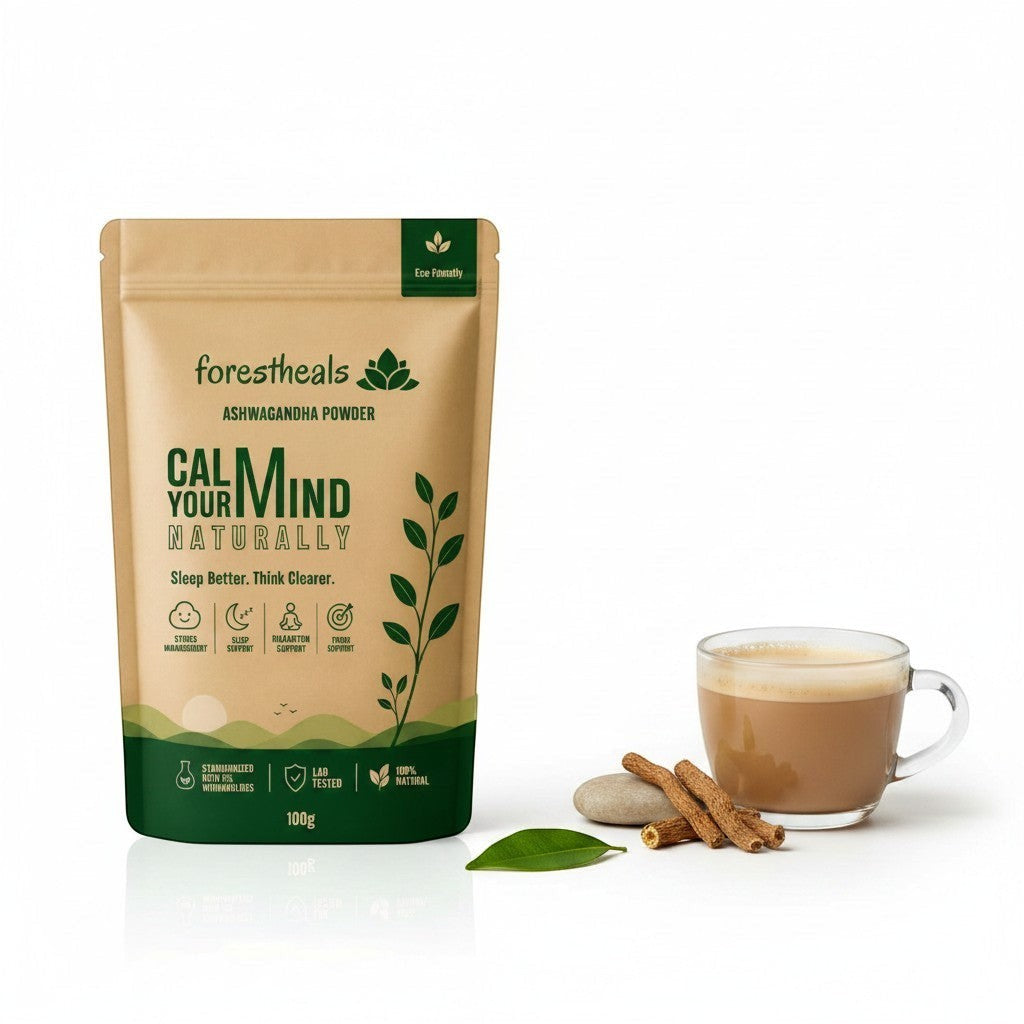 Forestheals Ashwagandha powder pouch for stress management and sleep support, 100g, natural and eco-friendly.