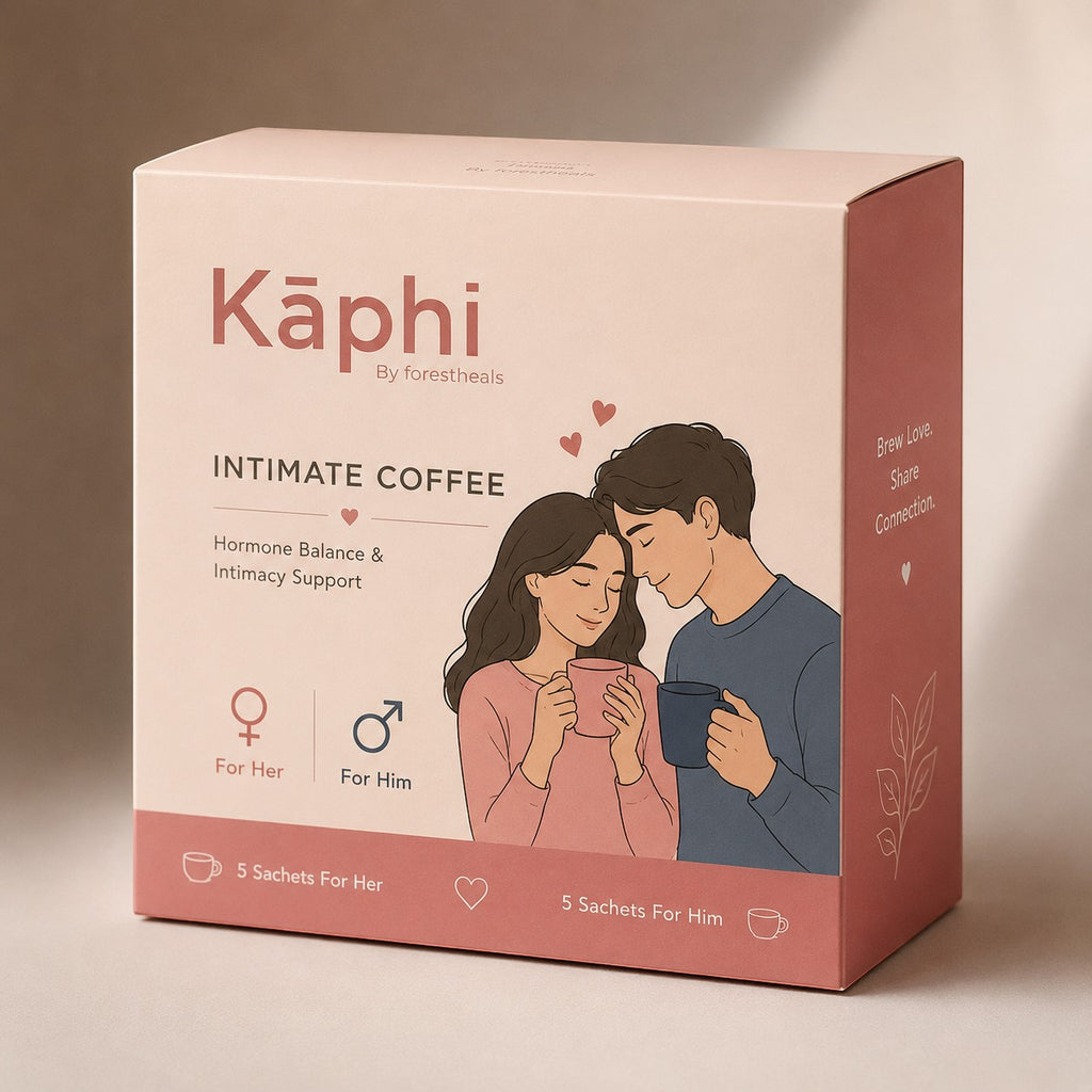 Forestheals Kaphi Intimate Coffee box with illustration of a couple holding mugs. For Her & Him blends.