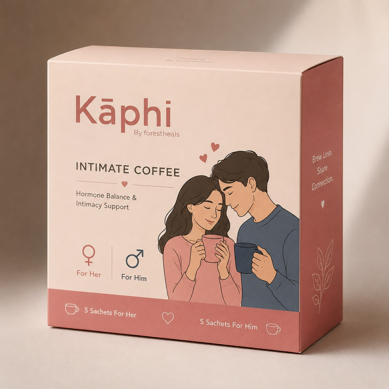 Forestheals Kaphi Intimate Coffee box with illustration of a couple holding mugs. For Her & Him blends.