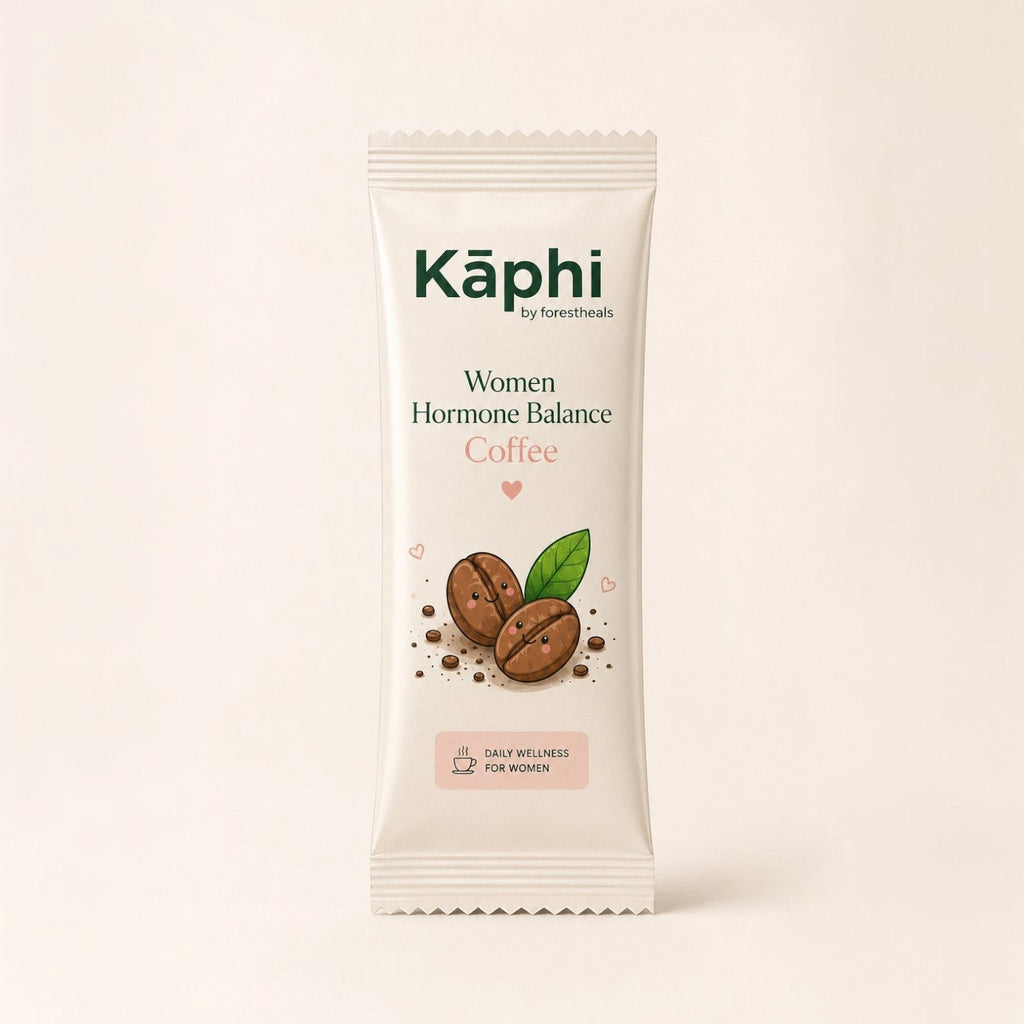 Forestheals Käphi Women Hormone Balance Coffee sachet with cute coffee beans illustration. Supports daily wellness and PCOS.