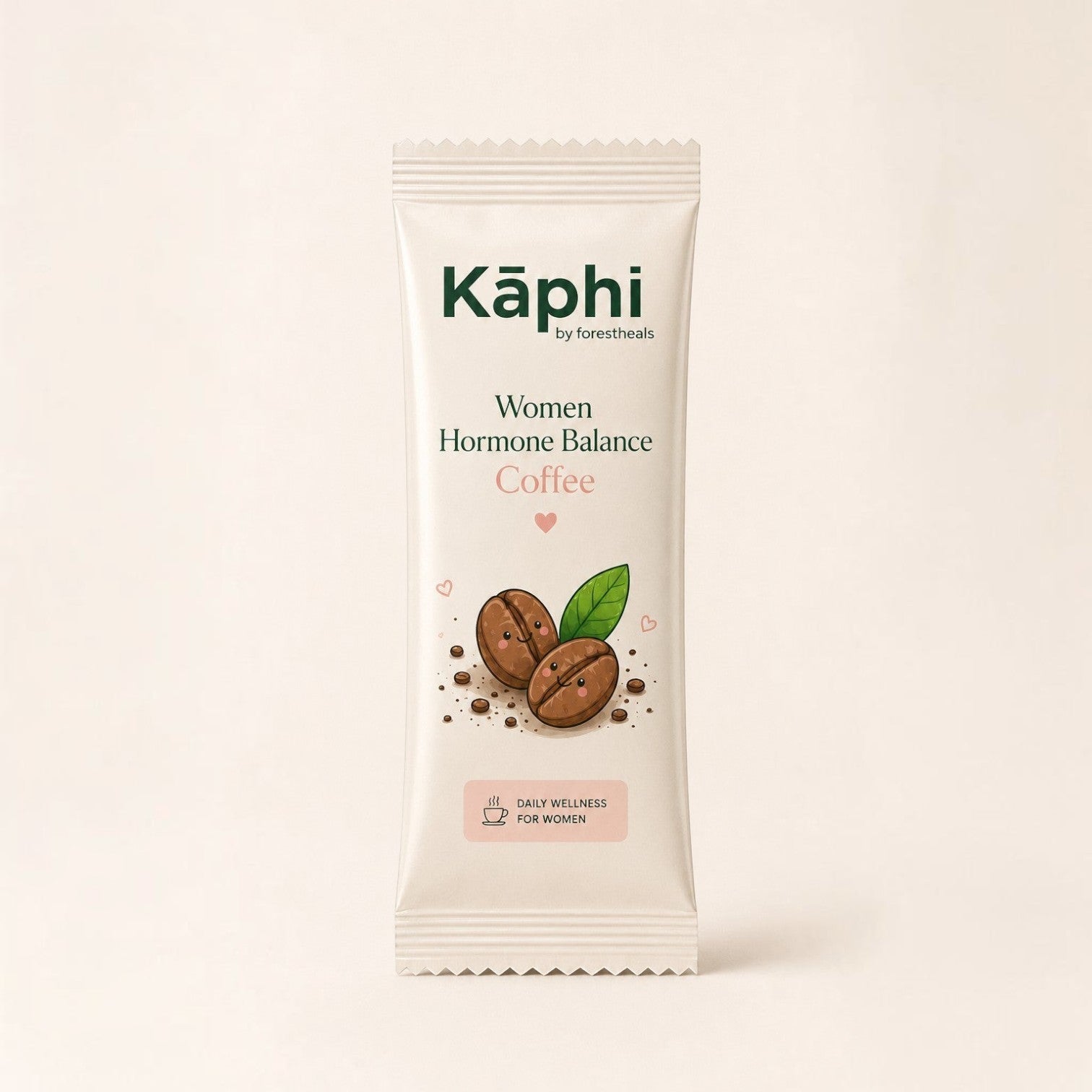 Forestheals Käphi Women Hormone Balance Coffee sachet with cute coffee beans illustration. Supports daily wellness and PCOS.