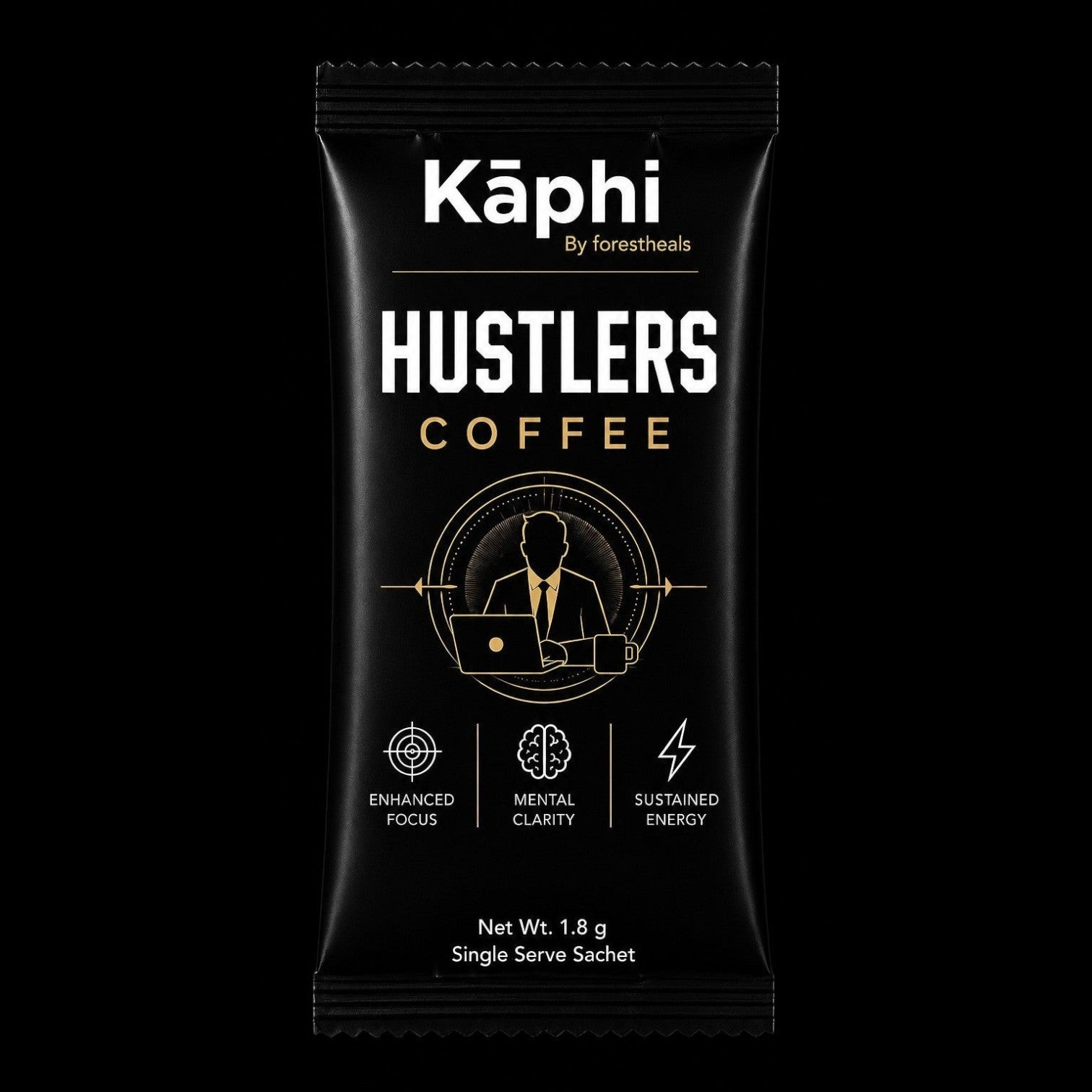 Forestheals Kaphi Hustlers Coffee single serve sachet with icons for focus, clarity, and energy.