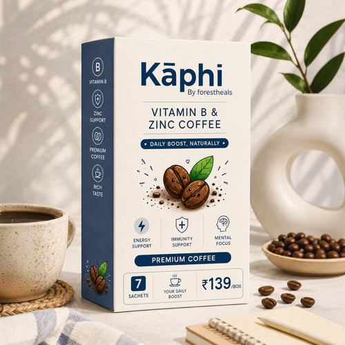 Forestheals Kaphi Vitamin B & Zinc Coffee box, featuring 7 sachets for daily boost, energy, immunity, and mental focus.