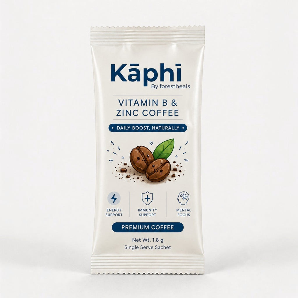 Forestheals Kaphi Vitamin B & Zinc Premium Coffee single-serve sachet with icons for energy, immunity, and mental focus.