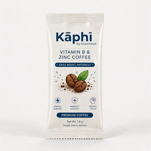 Forestheals Kaphi Vitamin B & Zinc Premium Coffee single-serve sachet with icons for energy, immunity, and mental focus.
