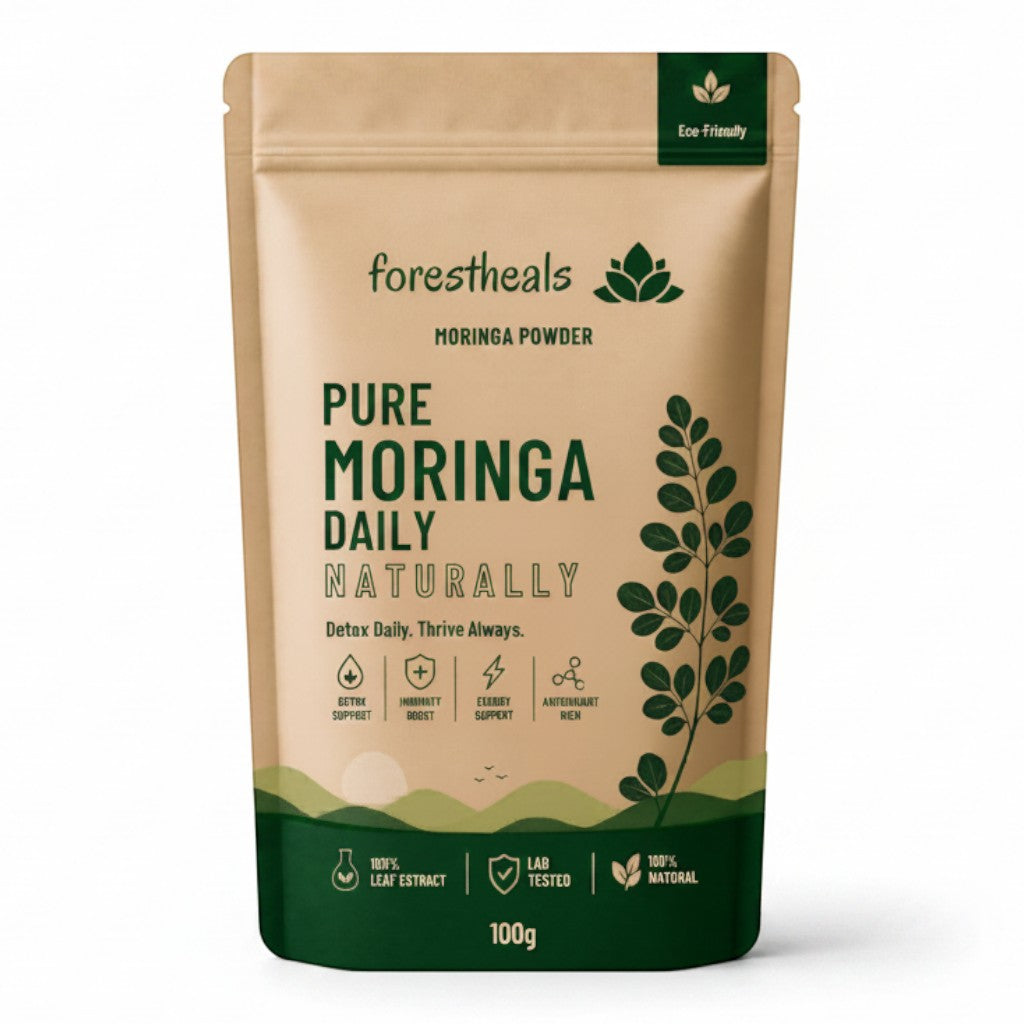 Forestheals Pure Moringa Daily Natural Powder pouch, 100g. Features detox support, immunity boost, energy support, and antioxidant benefits.