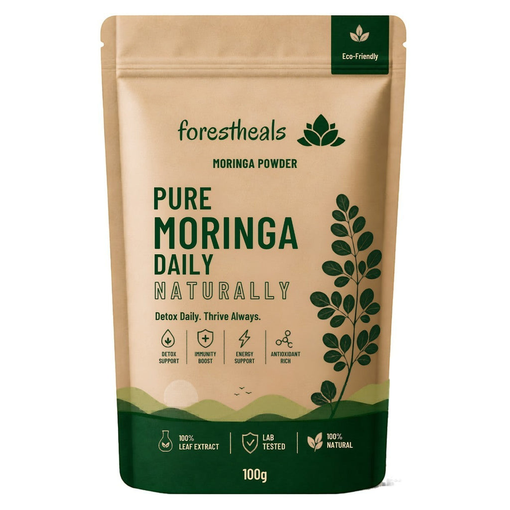 Forestheals Pure Moringa Daily Natural Powder pouch, 100g. Eco-friendly packaging with leaf illustration. Supports detox, immunity, and energy.