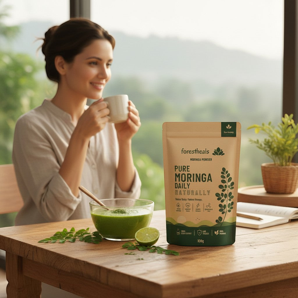 Forestheals Pure Moringa Daily Natural Powder pouch on a wooden table with a woman drinking from a mug and a bowl of green smoothie.