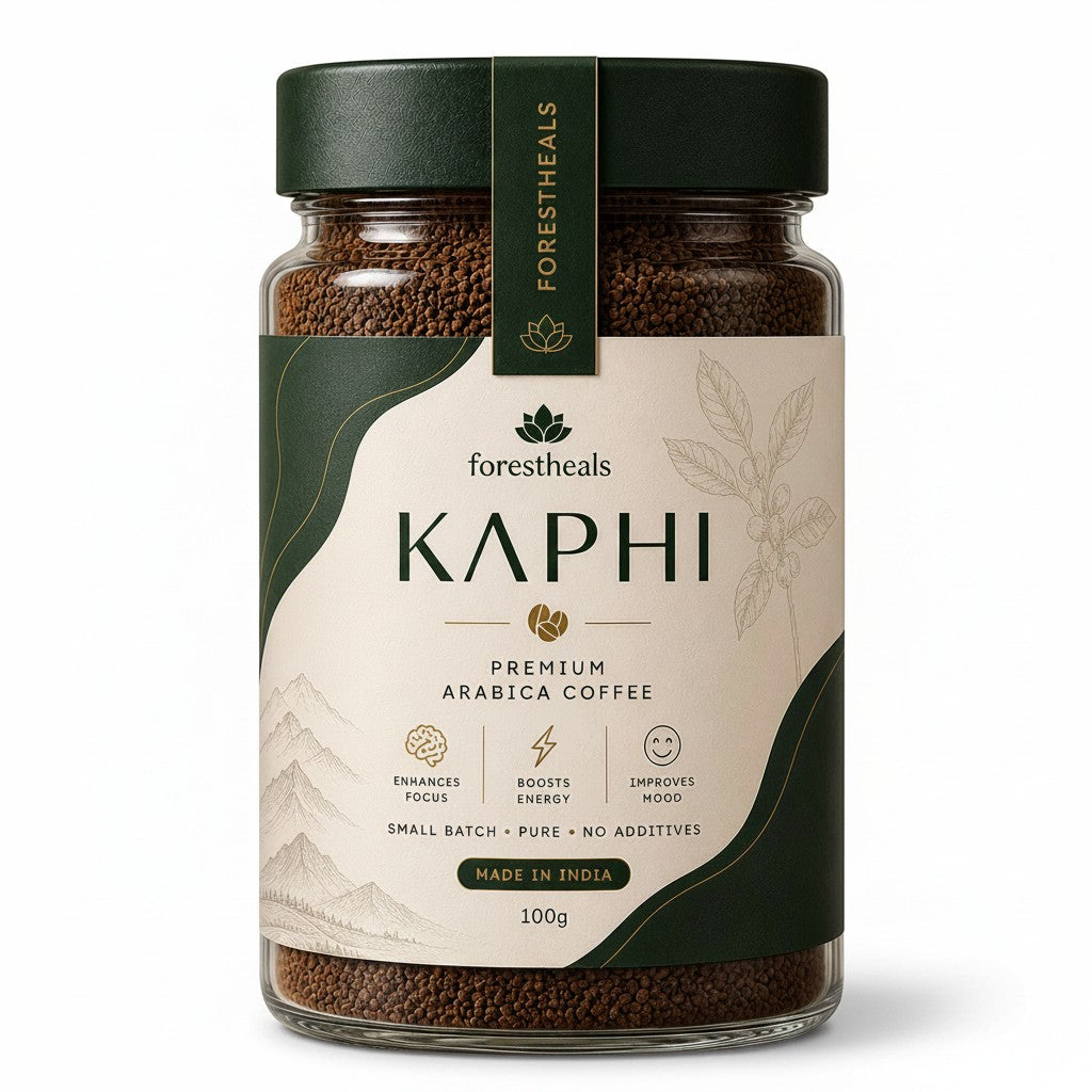 Forestheals Kaphi premium Arabica coffee granules in a glass jar, 100g. Enhances focus, boosts energy, improves mood.
