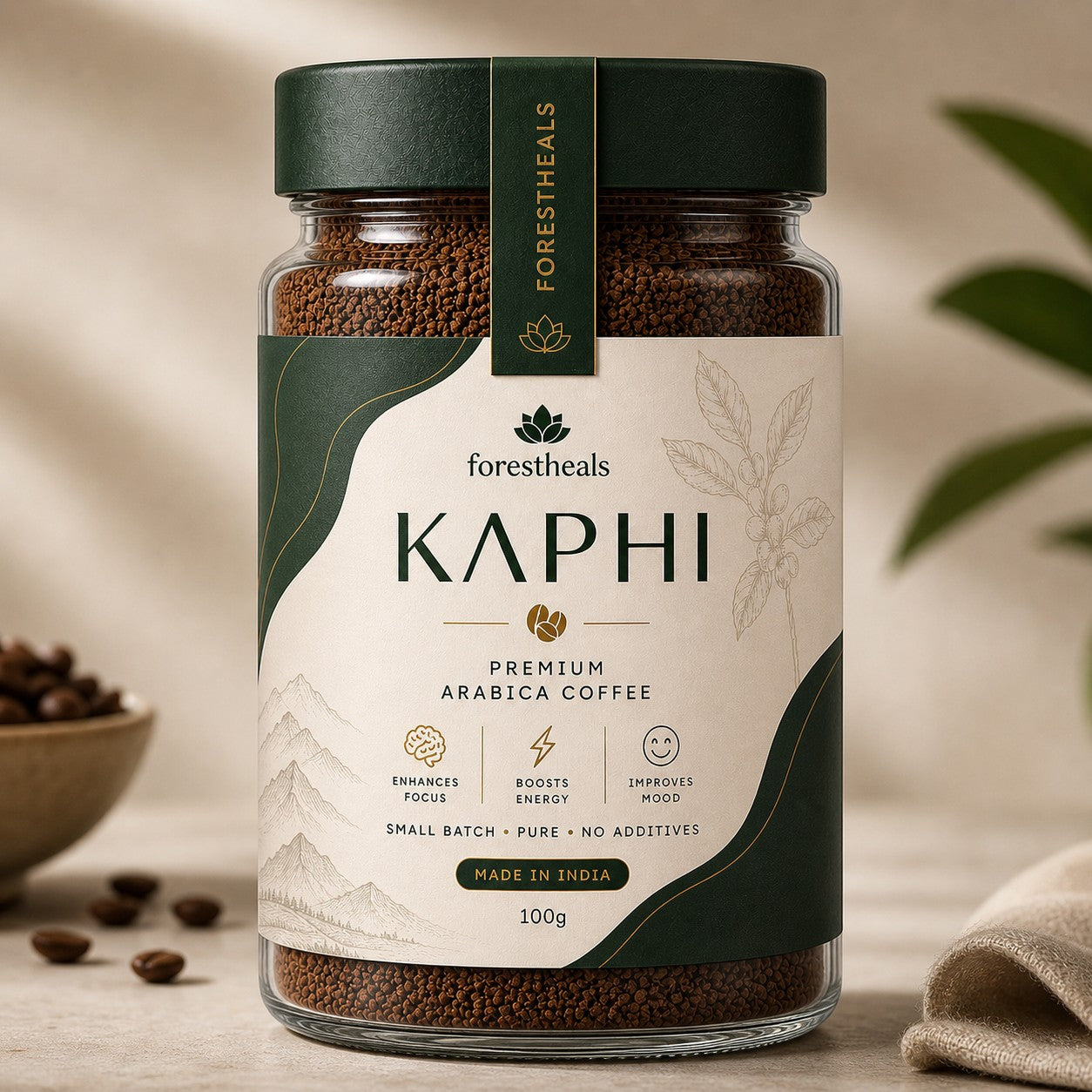 Forestheals Kaphi premium Arabica coffee granules in a glass jar, 100g. Enhances focus, boosts energy, improves mood.