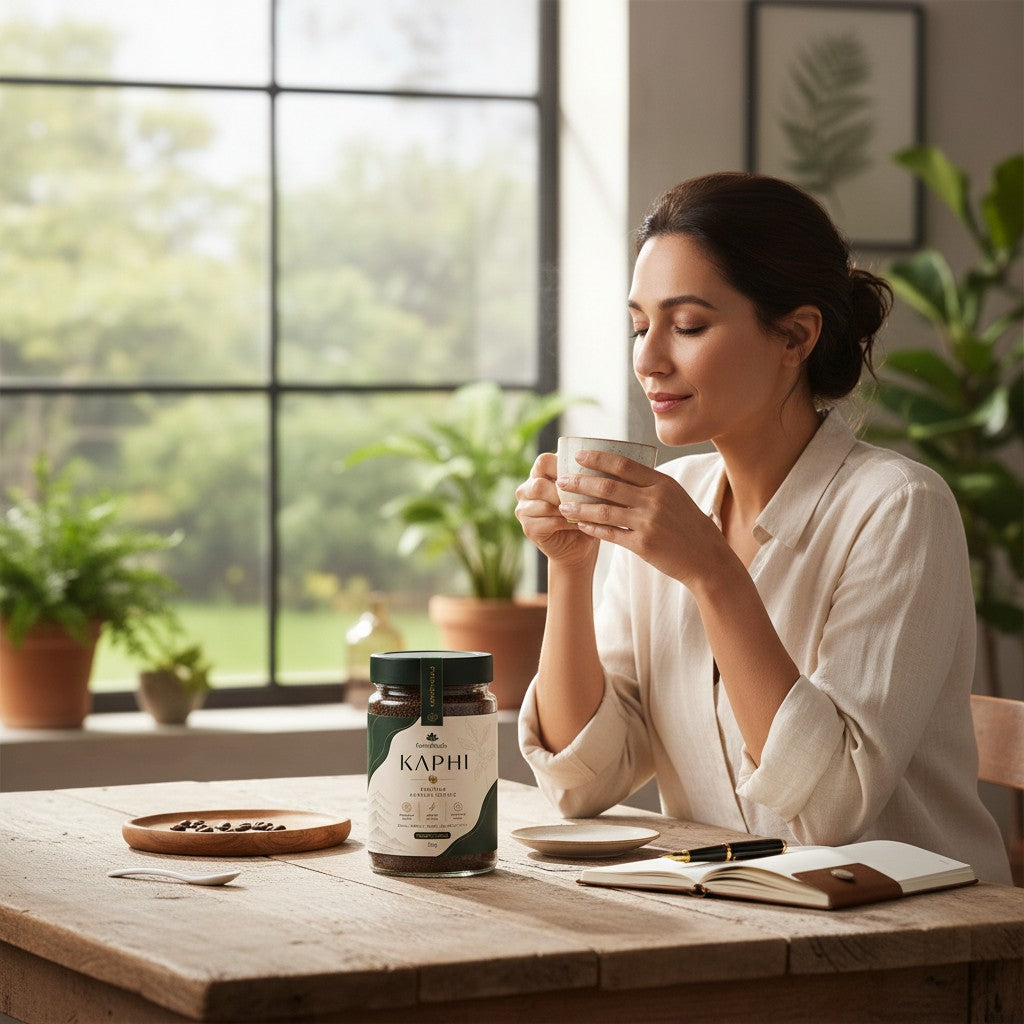 Forestheals Kaphi Premium Arabica Coffee Granules in a glass jar on a wooden table, with a woman enjoying a cup.