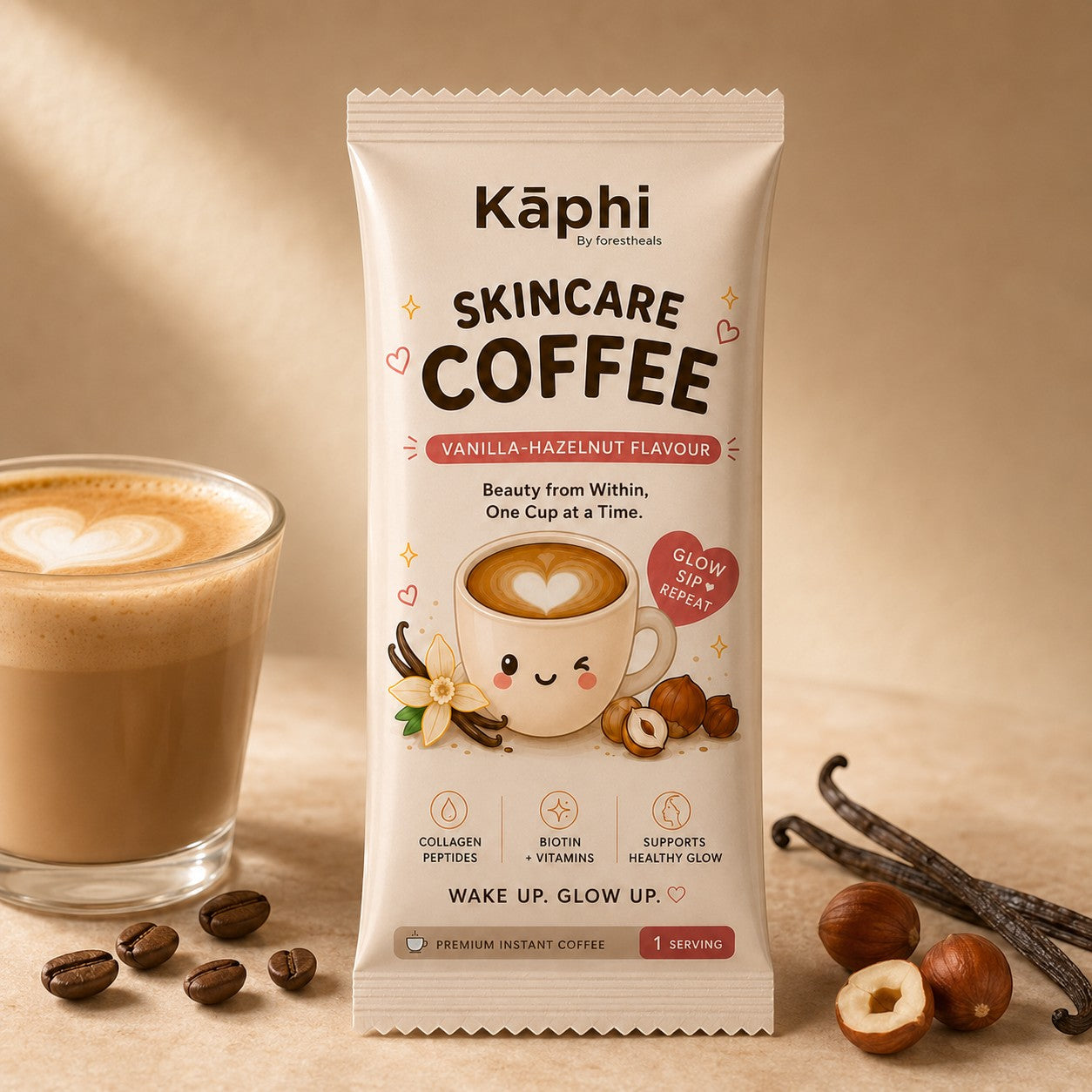 Forestheals Kāphi Skincare Coffee Vanilla Hazelnut flavour sachets with collagen, biotin, and vitamins for a healthy glow.