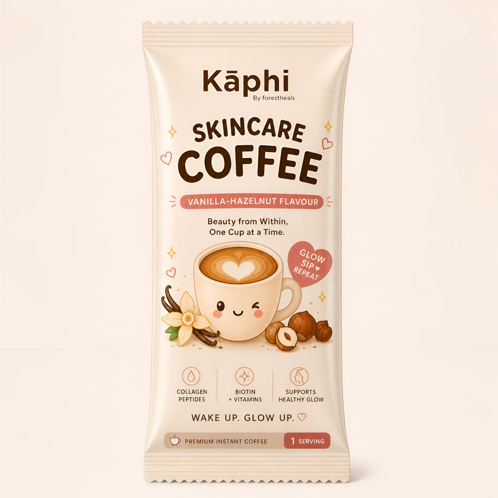 Forestheals Kāphi Skincare Coffee Vanilla Hazelnut flavour sachets with collagen peptides, biotin, and vitamins for a healthy glow.