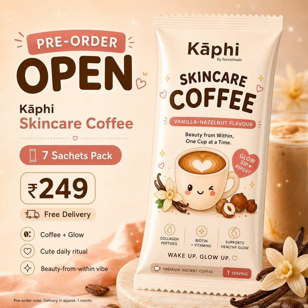 Forestheals Kāphi Skincare Coffee Vanilla Hazelnut flavour 7 sachets pack with collagen peptides and biotin for glowing skin.